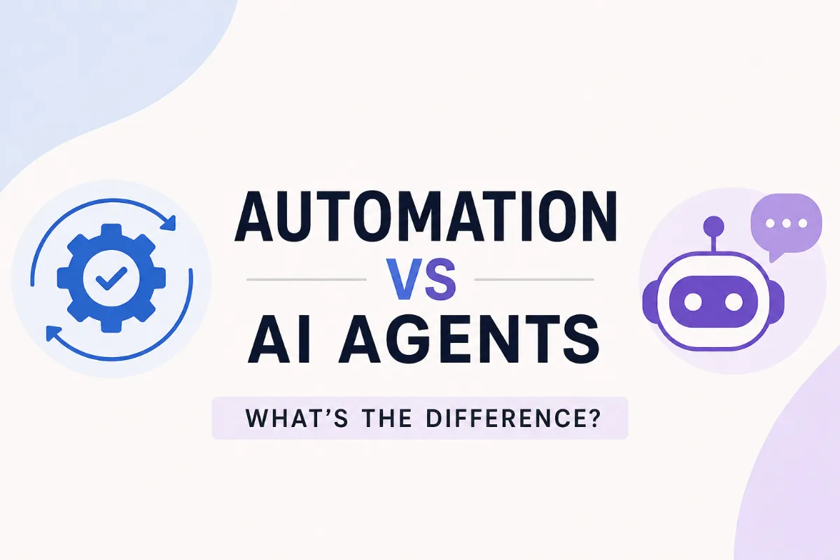 Minimal thumbnail showing the text “Automation vs AI Agents” with clean automation and AI chatbot icons on a light background, representing the difference between rule-based automation and intelligent AI systems.