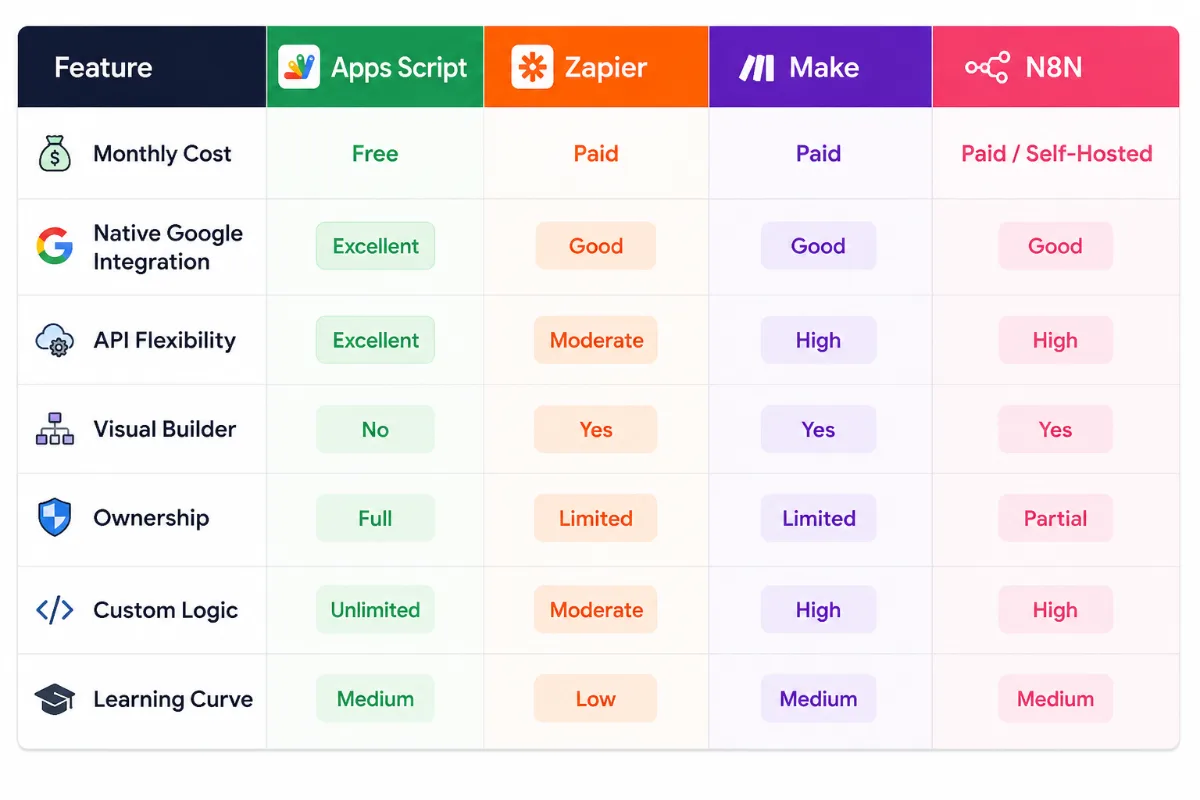 Google Apps Script vs Zapier vs Make vs N8N Comparison